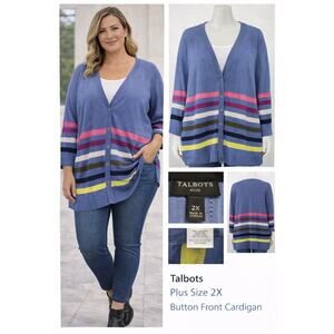 Talbots Plus 2X Blue Multicolor Stripe Cardigan Sweater Cotton Rayon